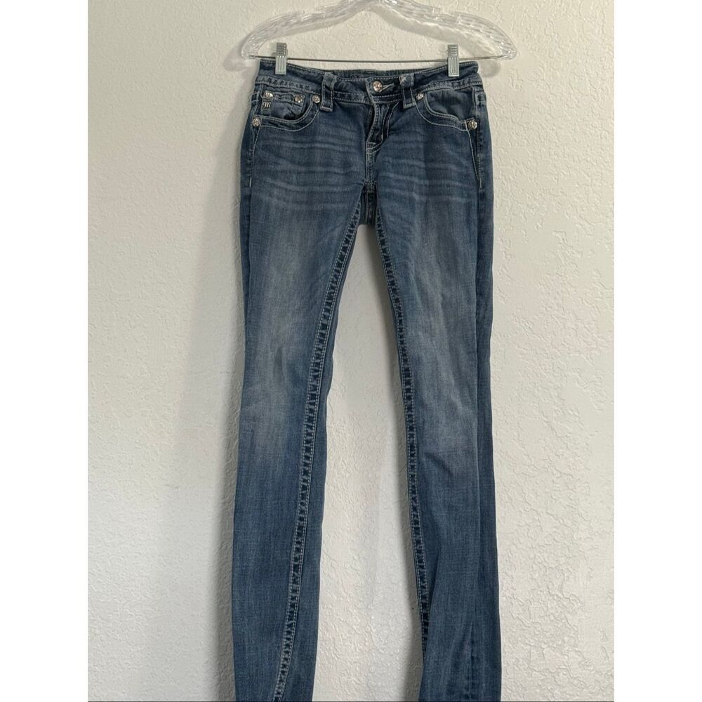 Miss Me Jeans Womens 25 Blue Signature Straight Low Rise Distressed Embellished